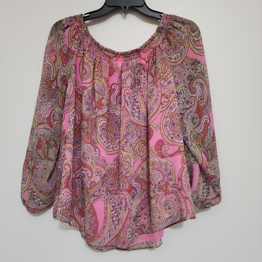 TOMMY HILFIGER size Large Off the Shoulder Paisley Boho‎ Pleated Blouse Pink